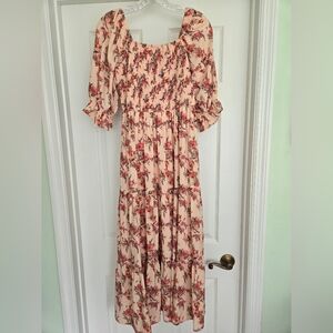 Baevely Elegant Floral Maxi Dress in Cream and Red/Pink